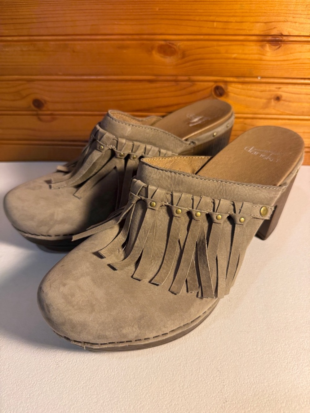 Dansko Taupe Suede Fringed Clog Mules